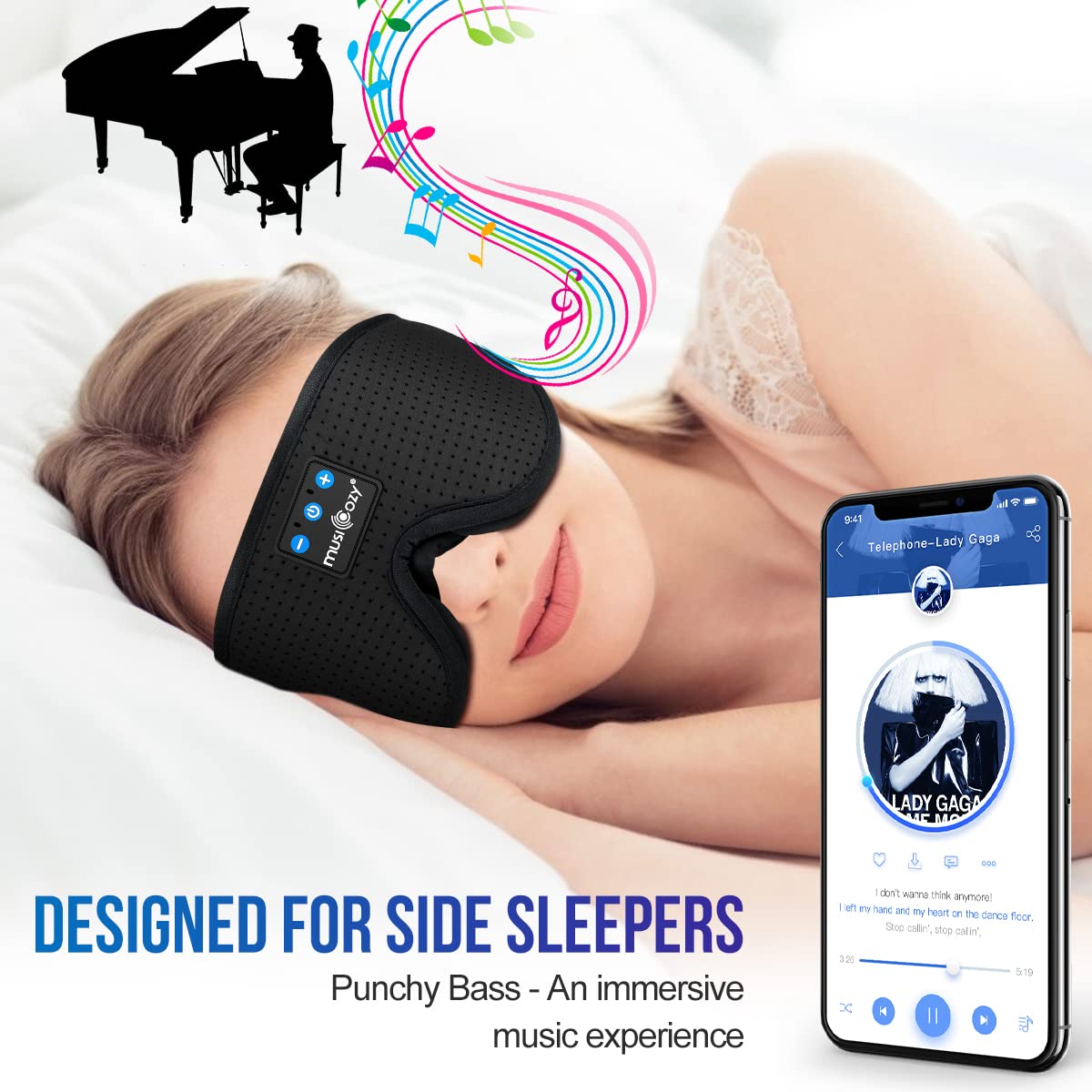MUSICOZY in use on plane demonstrating travel convenience benefit: long-play comfort
