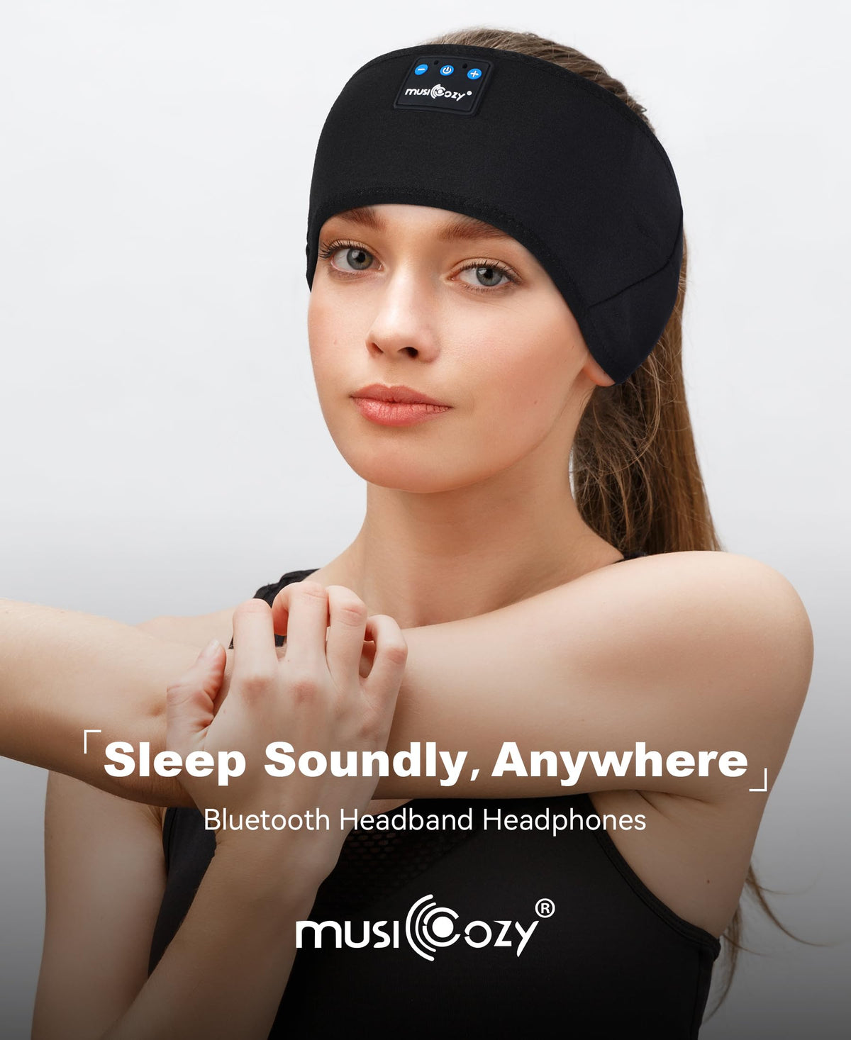 MUSICOZY headband worn during outdoor run illustrating secure fit and sweat-wicking benefits