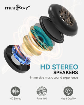 MUSICOZY worn by a side sleeper demonstrating low-profile fit and stable audio
