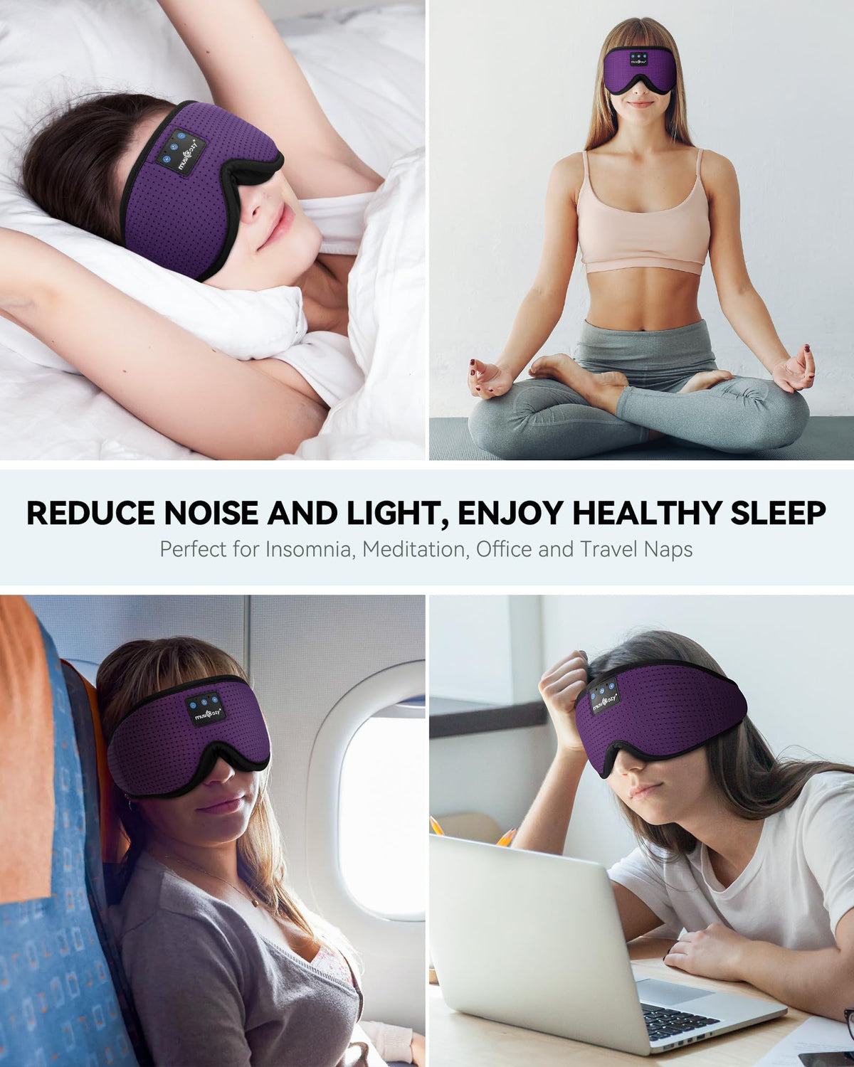 MUSICOZY lifestyle on bed showing restful sleep and noise reduction
