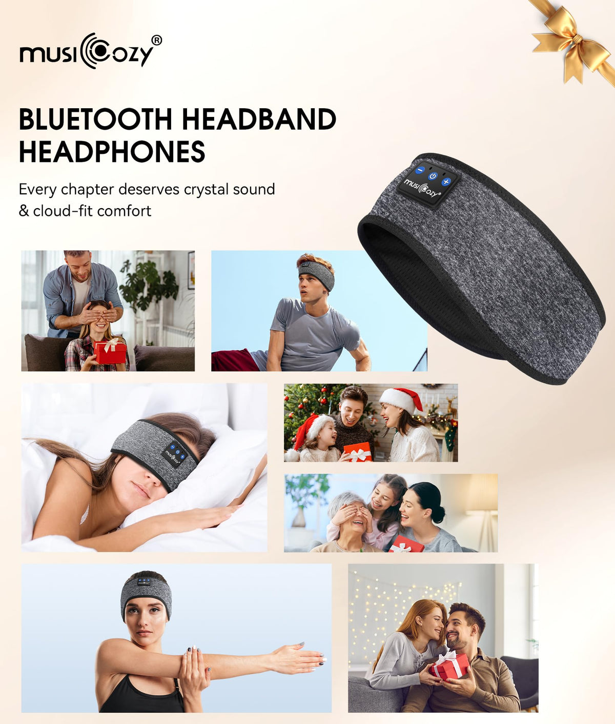 MUSICOZY travel setup on pillow showing portability and long battery life