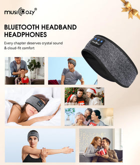 MUSICOZY travel setup on pillow showing portability and long battery life