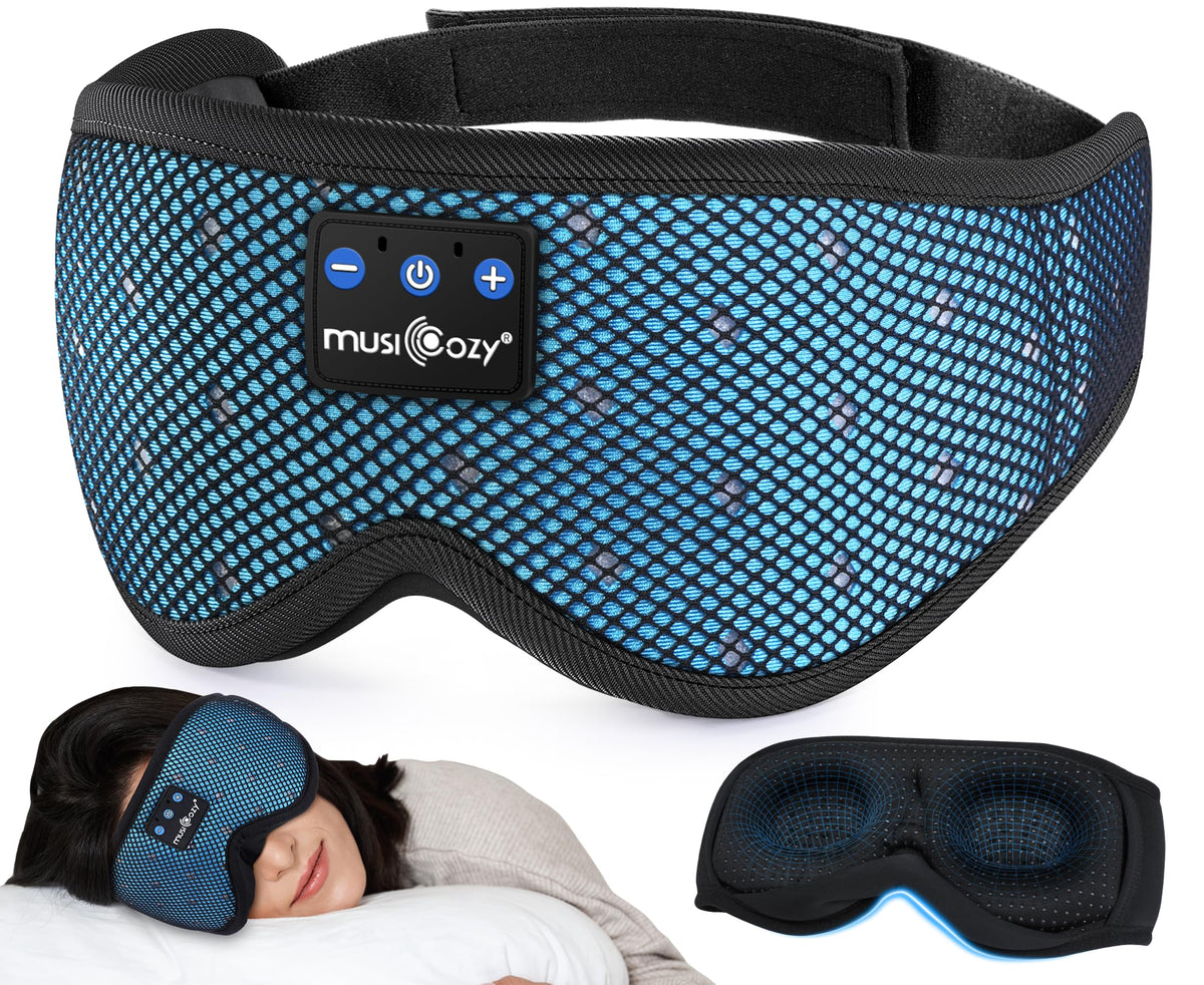 MUSICOZY front view mesh blue mask showing breathable fabric and blackout benefit