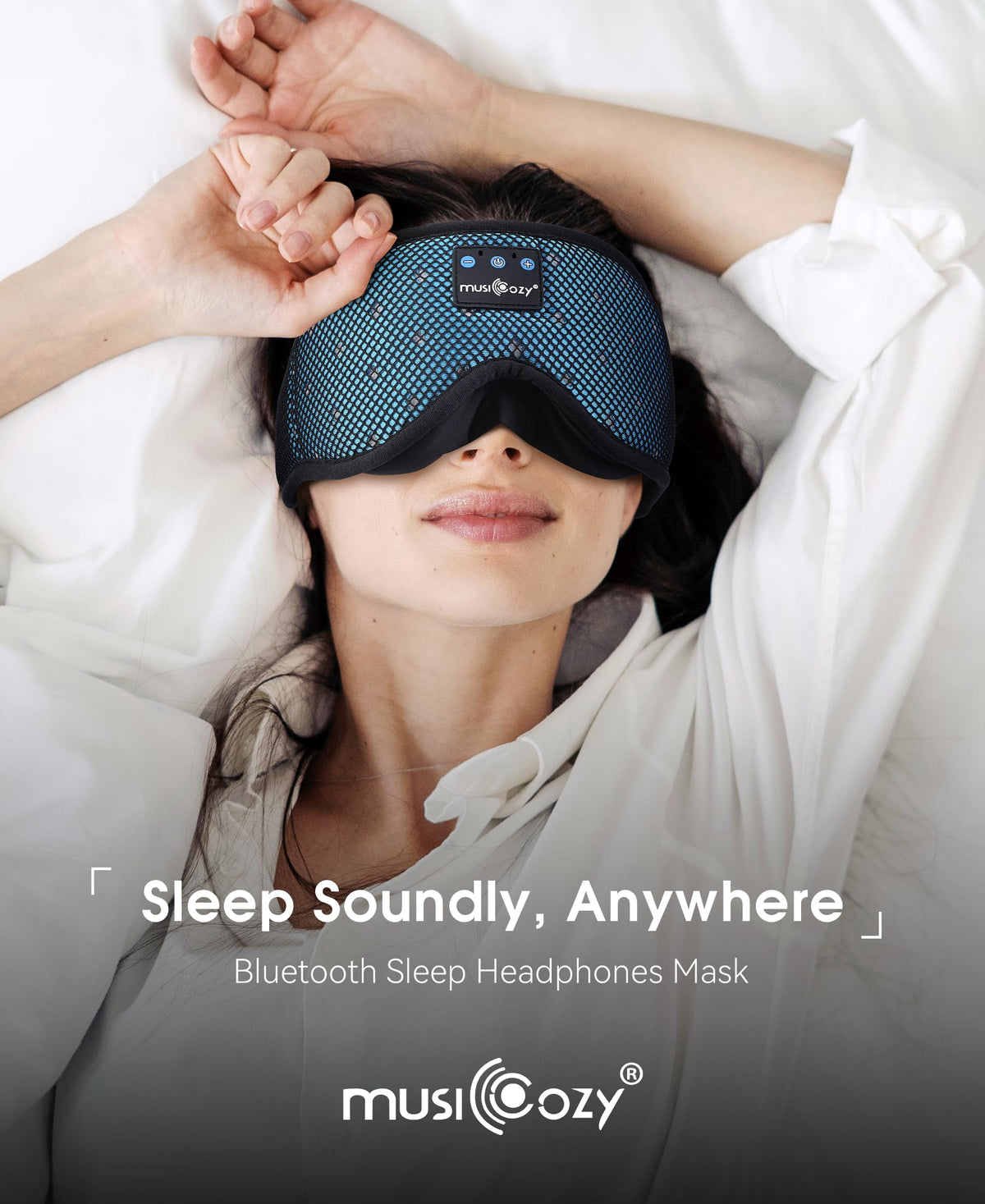 MUSICOZY mask worn by side sleeper demonstrating stable fit and comfort