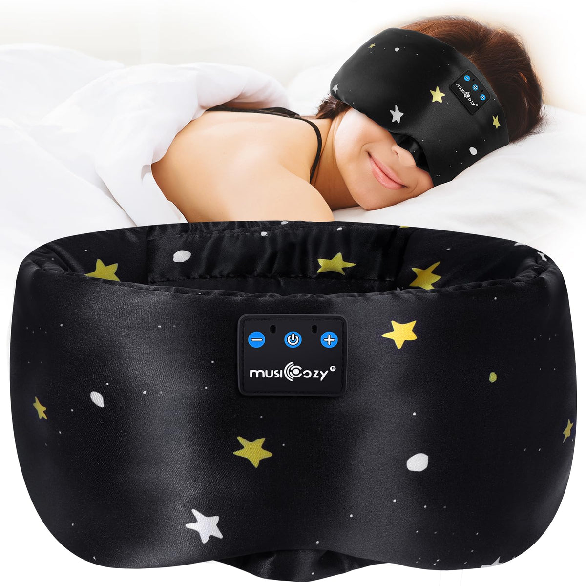 Musicozy mulberry silk sleep mask with Bluetooth headphones for soft, edge-to-edge darkness
