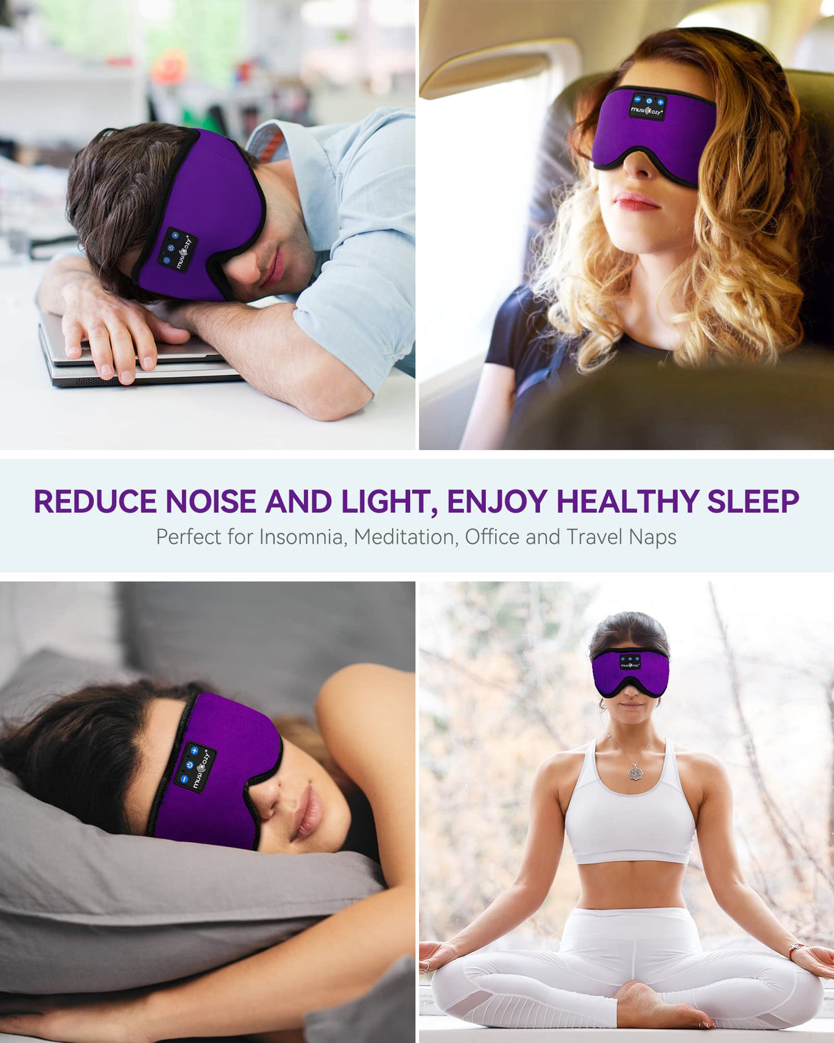 MUSICOZY on plane passenger showing travel comfort and light-blocking benefit