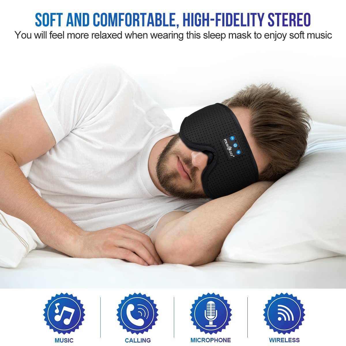 MUSICOZY side profile while lying down showing low-profile fit benefit: stays put for side sleepers