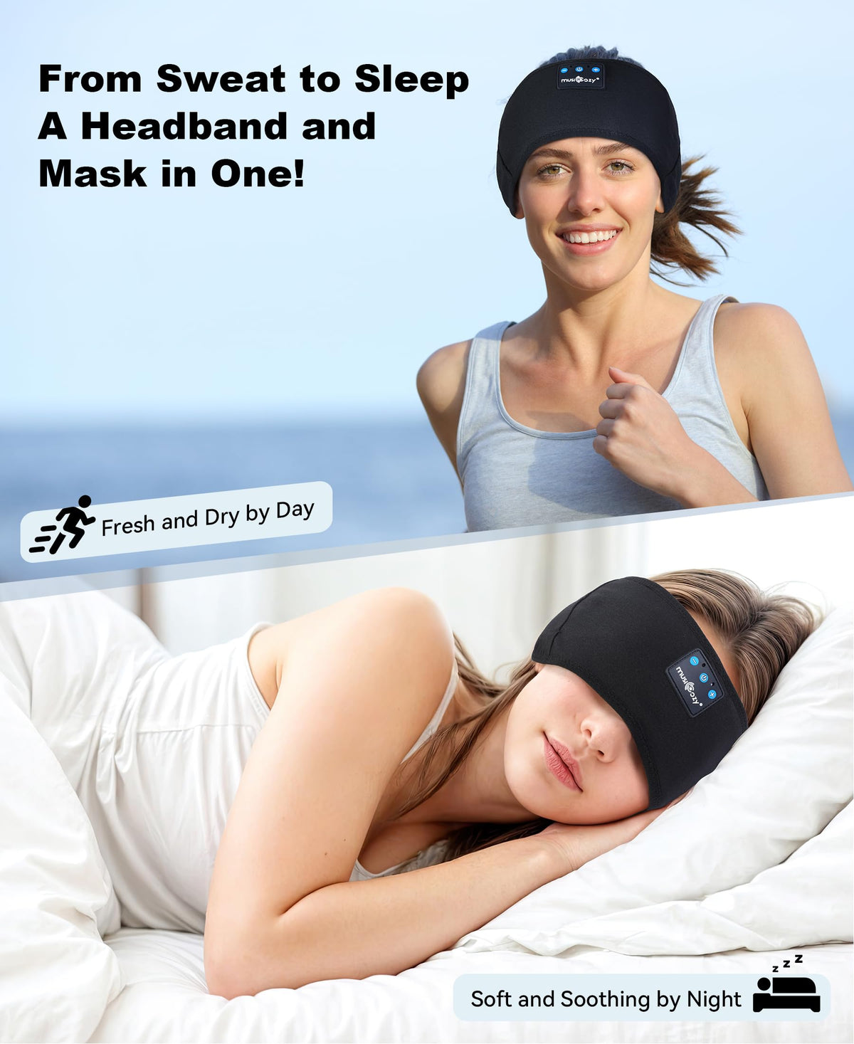 MUSICOZY side profile worn by model demonstrating slim fit and comfortable coverage for sleep