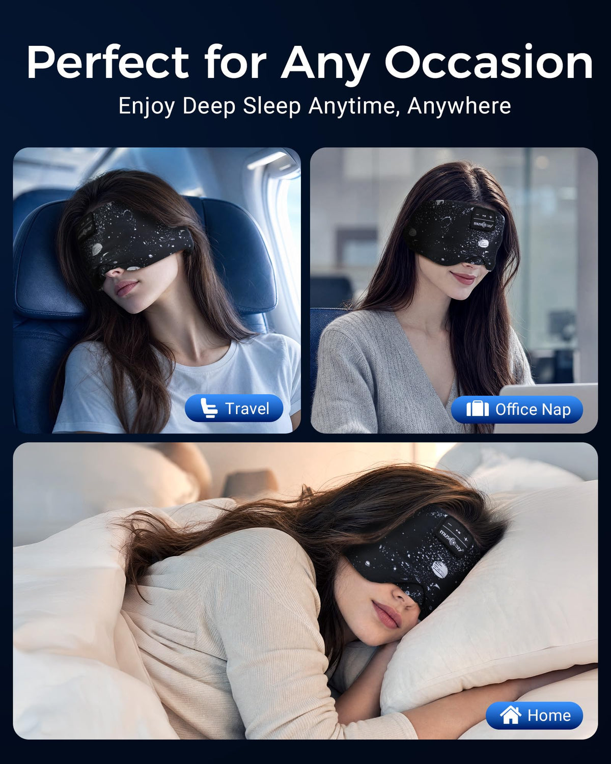 MUSICOZY worn by a side-sleeper to show no pressure on eyes
