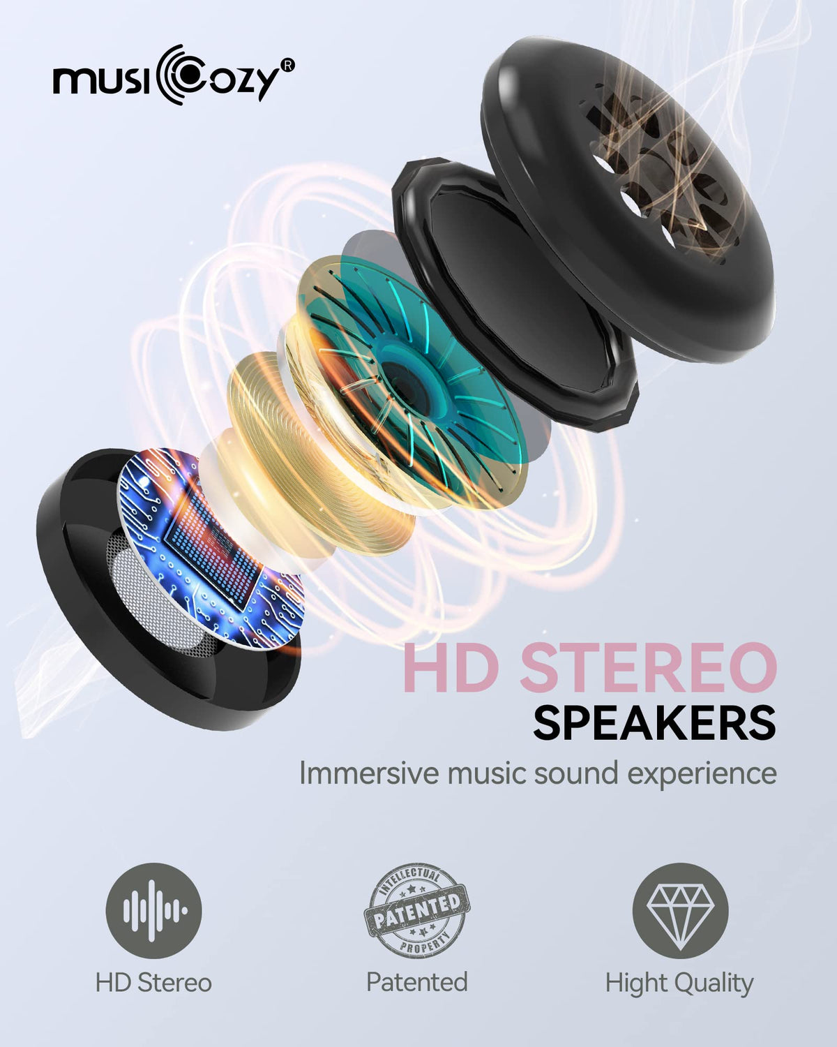 MUSICOZY next to smartphone showing compact size and portability benefit