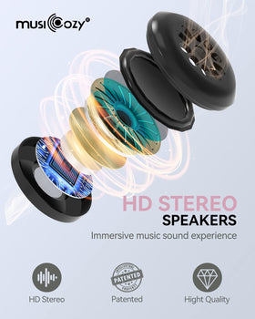 MUSICOZY next to smartphone showing compact size and portability benefit