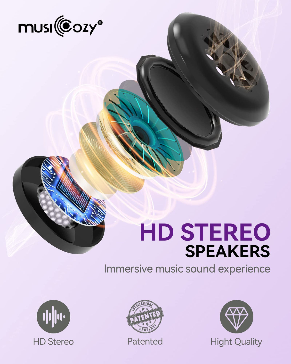 MUSICOZY next to smartphone illustrating compact size and easy portability