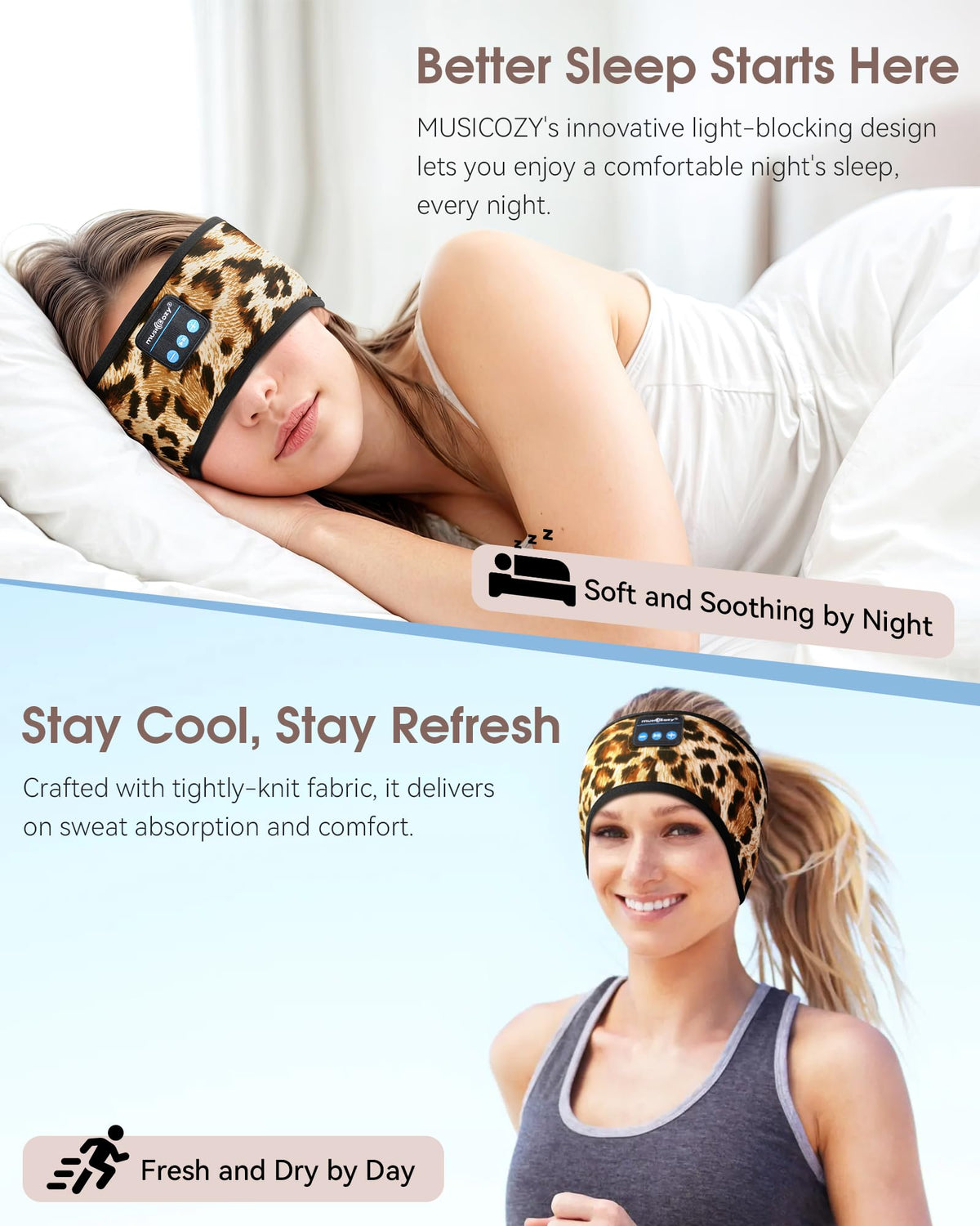 MUSICOZY Sleep Headband outer silicone ring showing secure, sweat-wicking fit