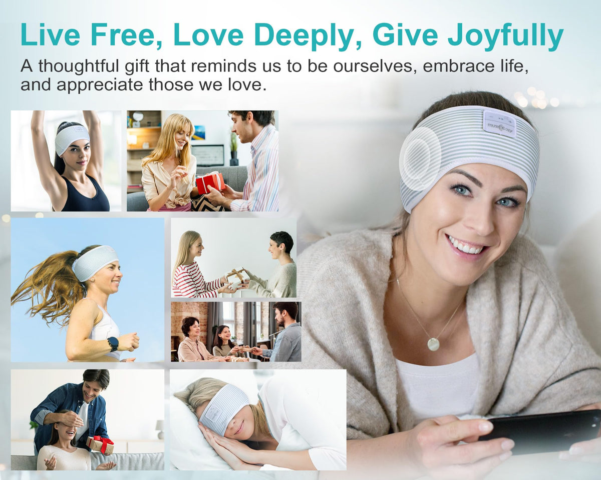 MUSICOZY headband with sweat-resistance symbol and athletic use