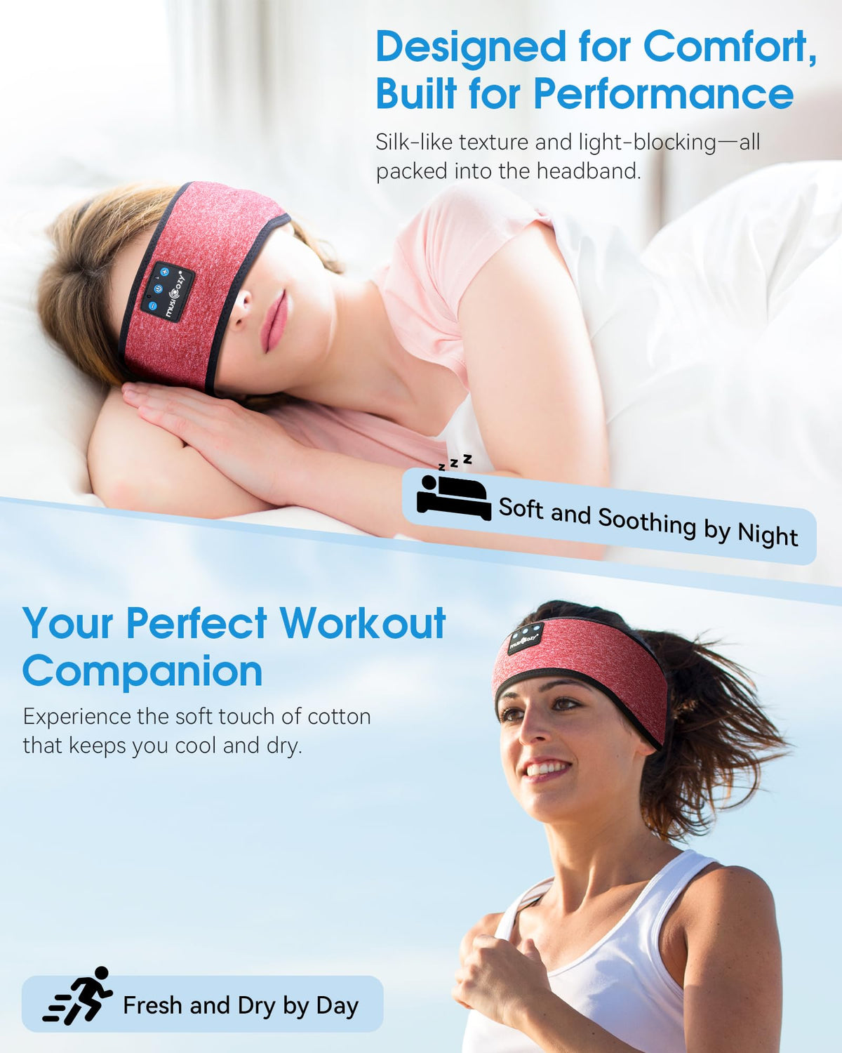 Musicozy Sleep Headband worn for hands-free music while resting or commuting.