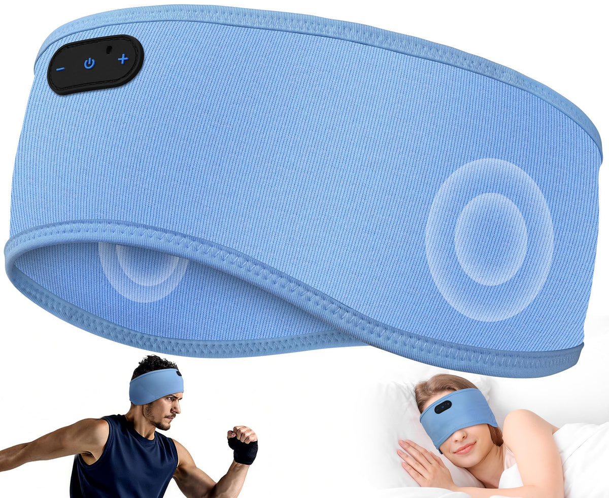 Musicozy Sleep Headphones headband in sky blue, ideal for side sleepers and on-the-go listening.