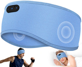 Musicozy Sleep Headphones headband in sky blue, ideal for side sleepers and on-the-go listening.