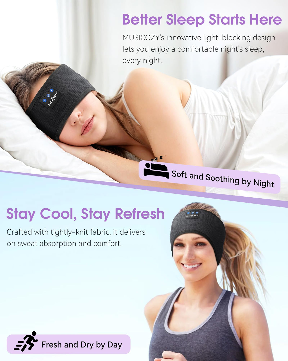MUSICOZY Sleep Headphones Band closeup speaker highlighting 40mm drivers for rich sound.