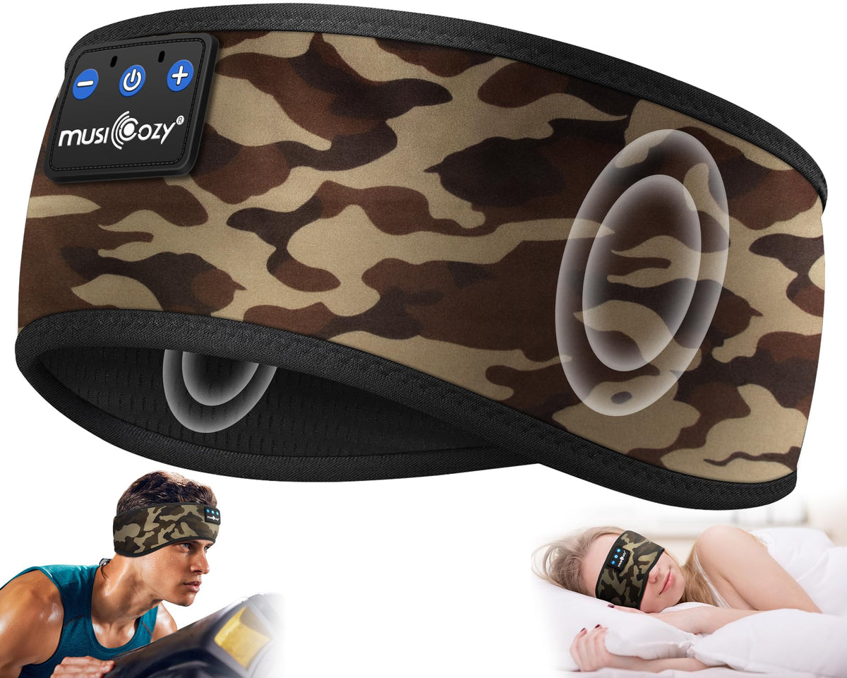 MUSICOZY sleep headphones headband showing comfortable wear for sleep and workouts