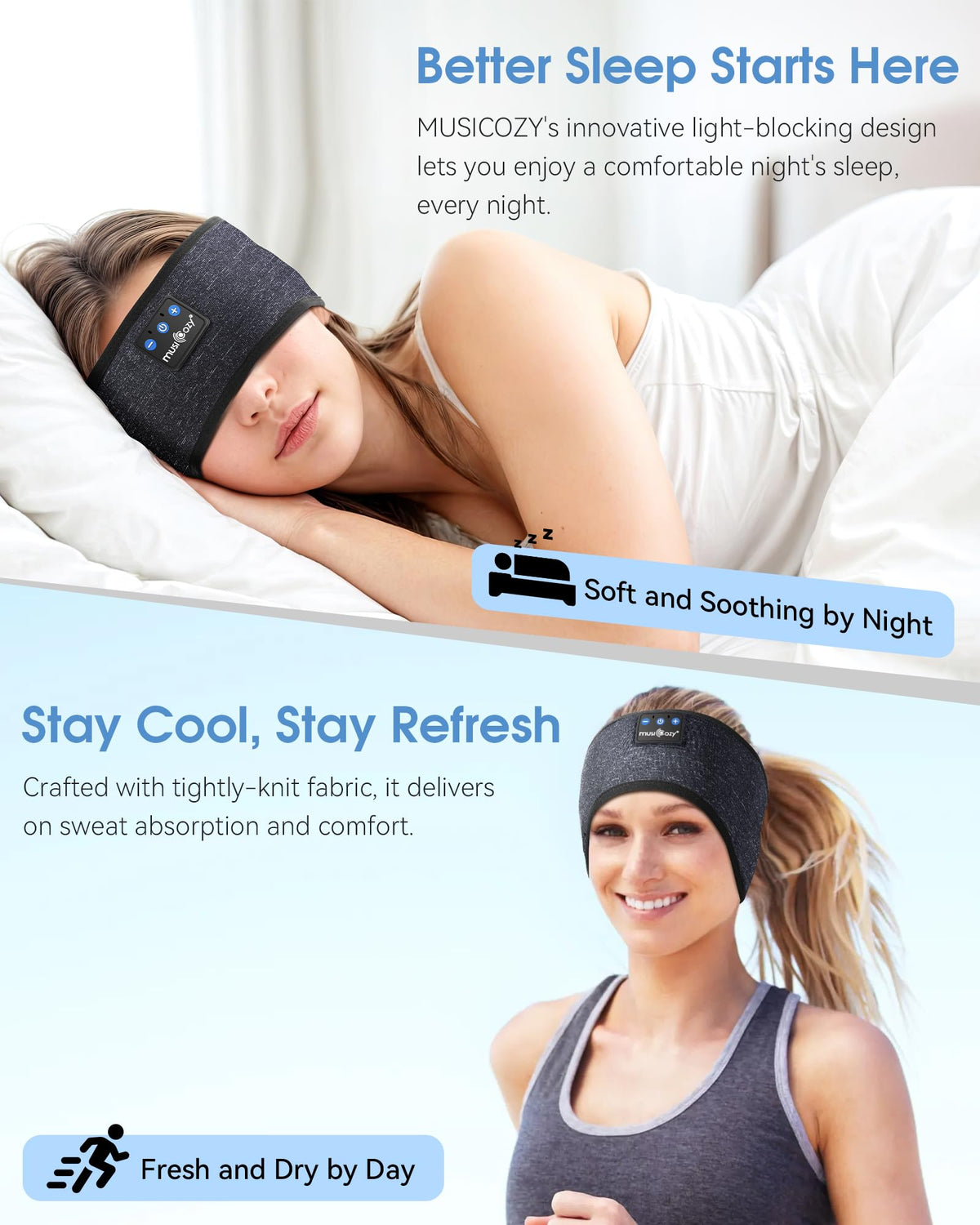 Musicozy Sleep Headphones closeup of breathable fabric for all-day comfort