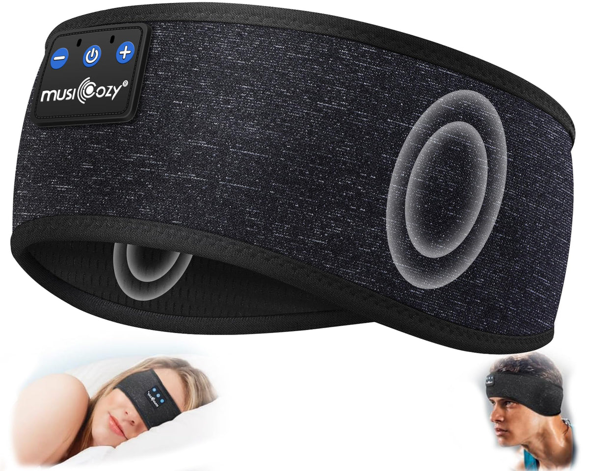Musicozy Sleep Headphones wireless headband in use for music on the go