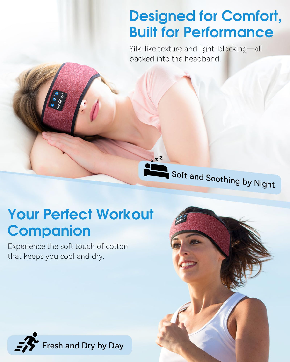 MUSICOZY Sleep Headphones wireless-setup shows easy Bluetooth pairing and hands-free music