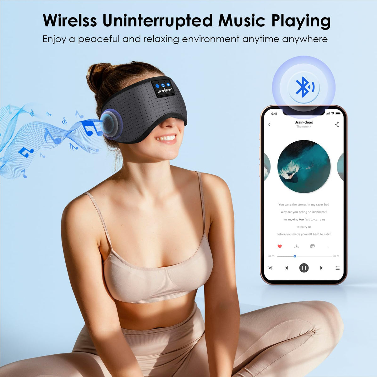 MUSICOZY sleep mask used on airplane showing travel convenience