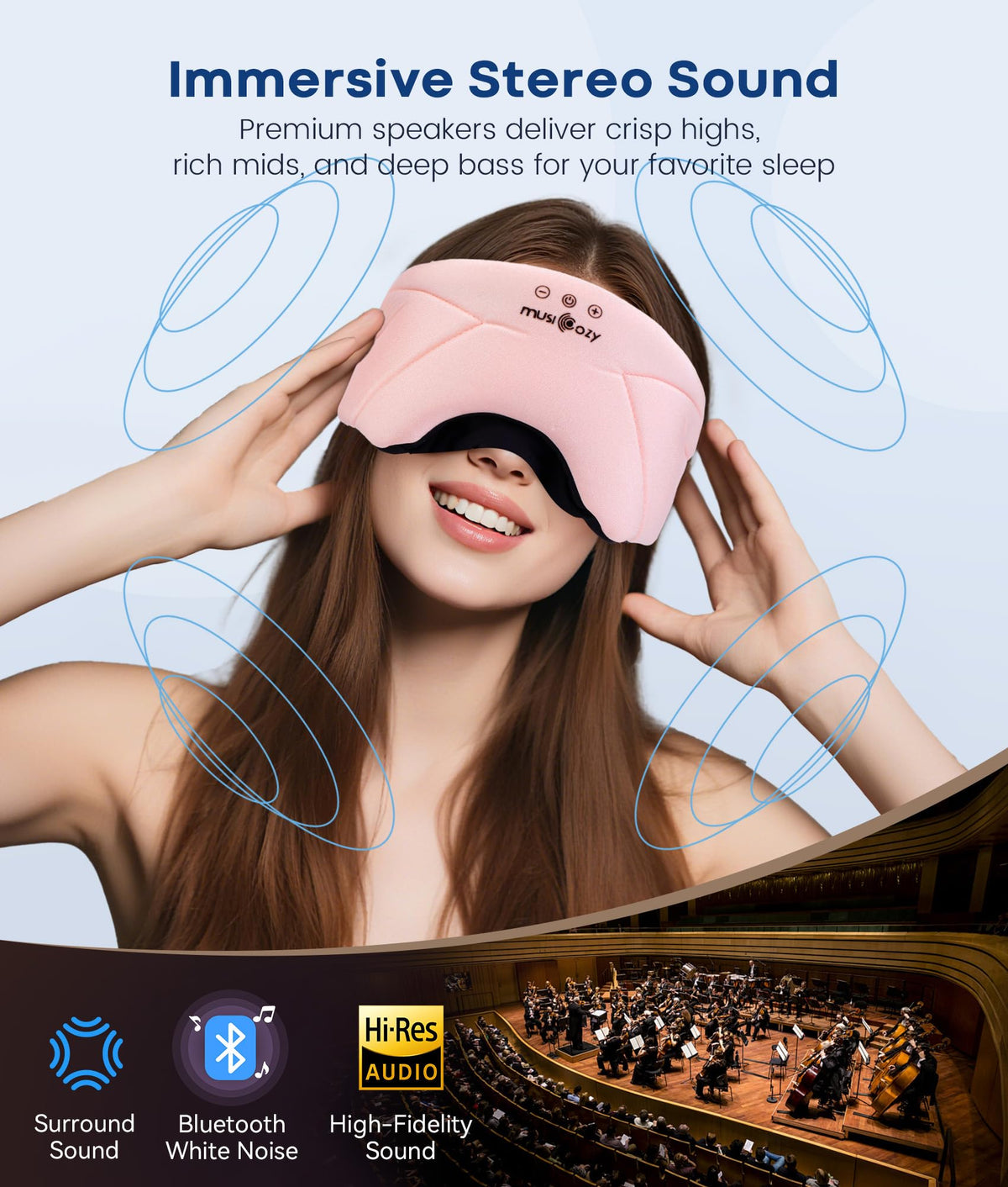 MUSICOZY ultra-thin speaker detail illustrating low profile for side-sleeping comfort