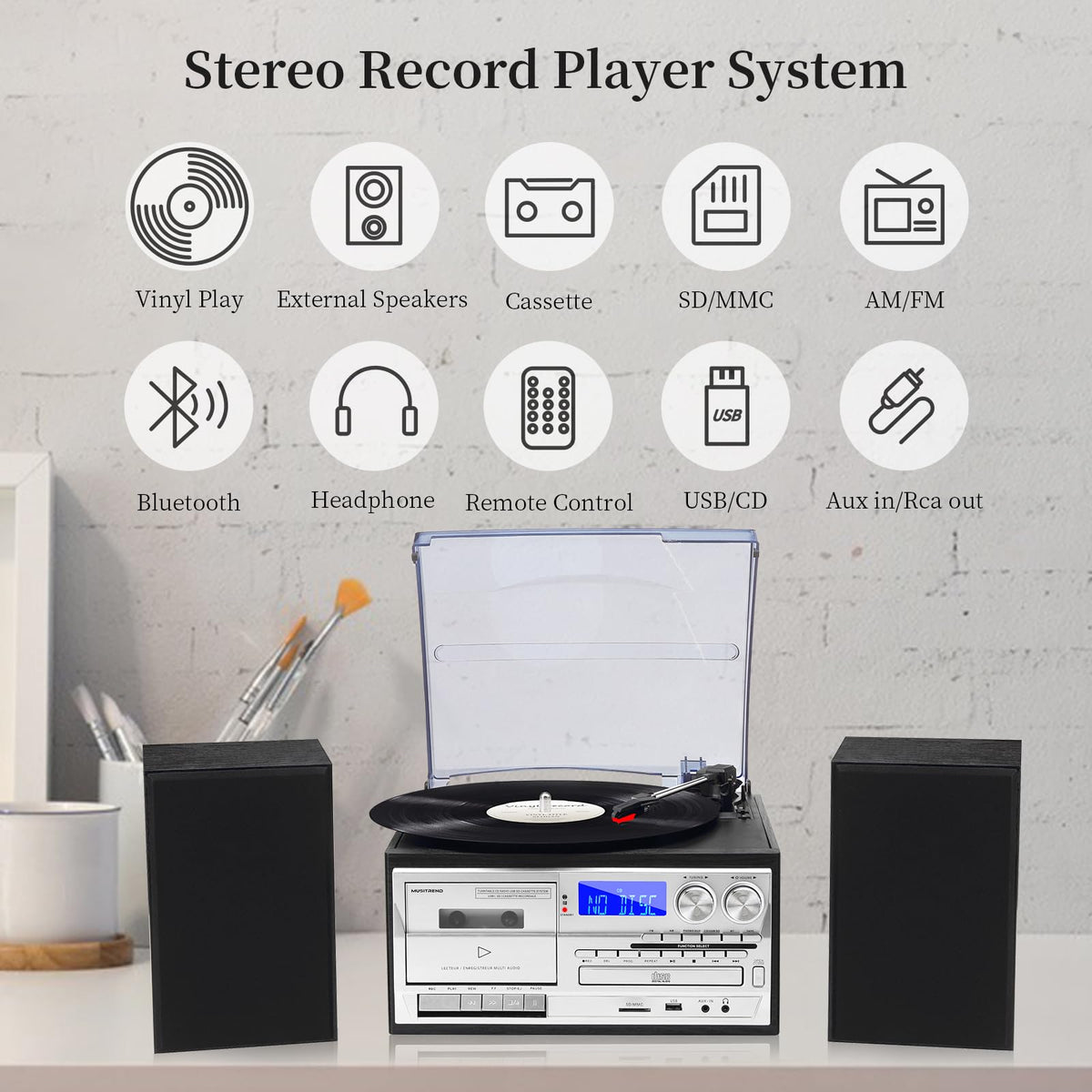 Musitrend 10-in-1 record player control panel side view for quick playback control.