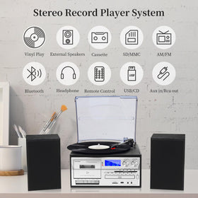 Musitrend 10-in-1 record player control panel side view for quick playback control.