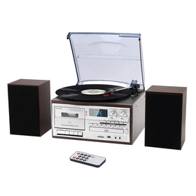 MUSITREND 10-in-1 record player front view with dual speakers and controls for easy use