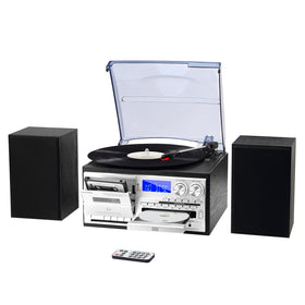 Musitrend 10-in-1 record player front view for all-in-one entertainment.