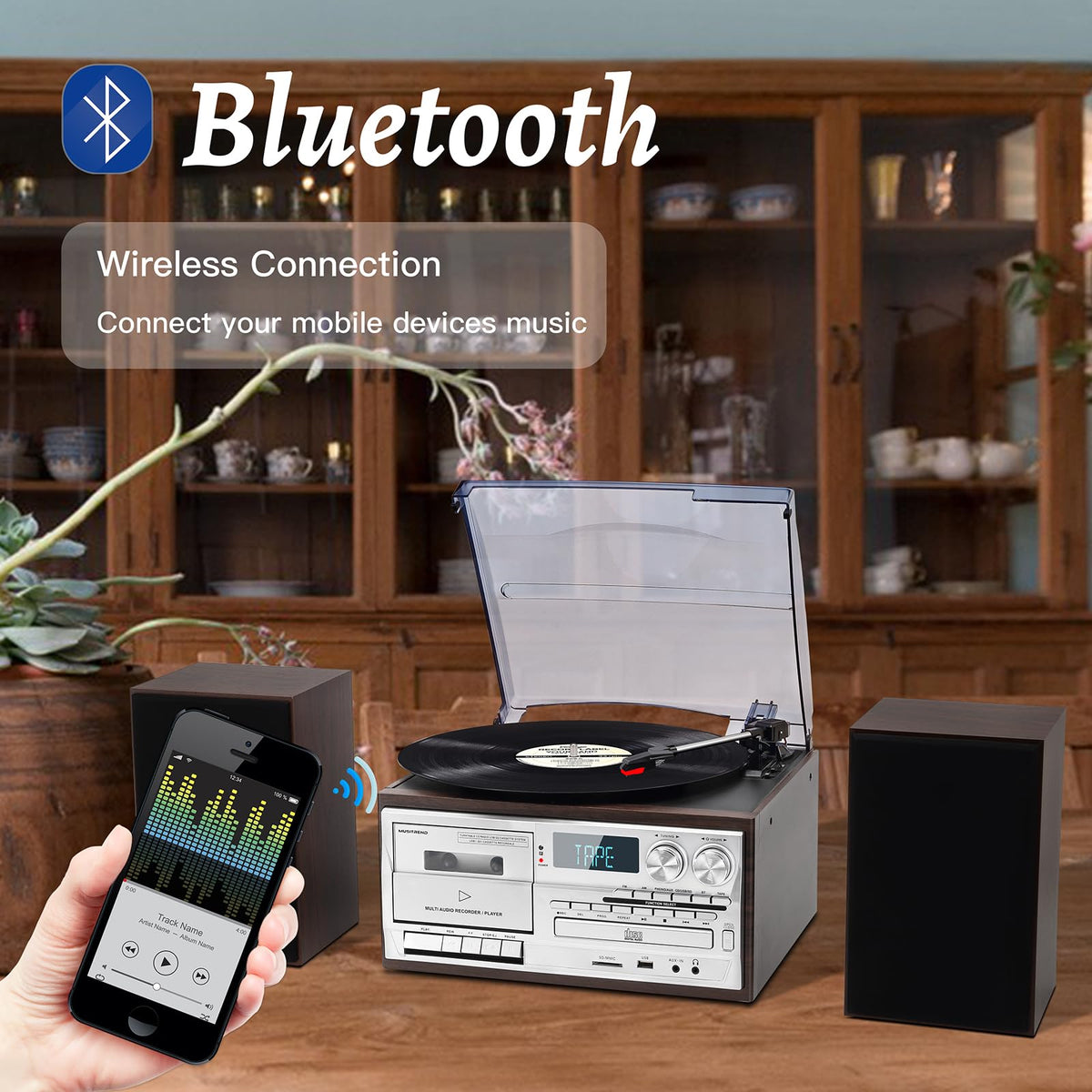 MUSITREND vinyl playback with 33/45/78 RPM and auto-stop for smooth listening