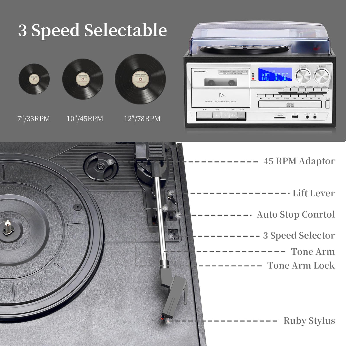 Musitrend 3-speed turntable 33-45-78 RPM close-up highlighting vinyl compatibility.