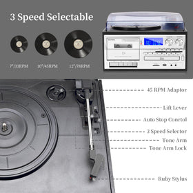 Musitrend 3-speed turntable 33-45-78 RPM close-up highlighting vinyl compatibility.