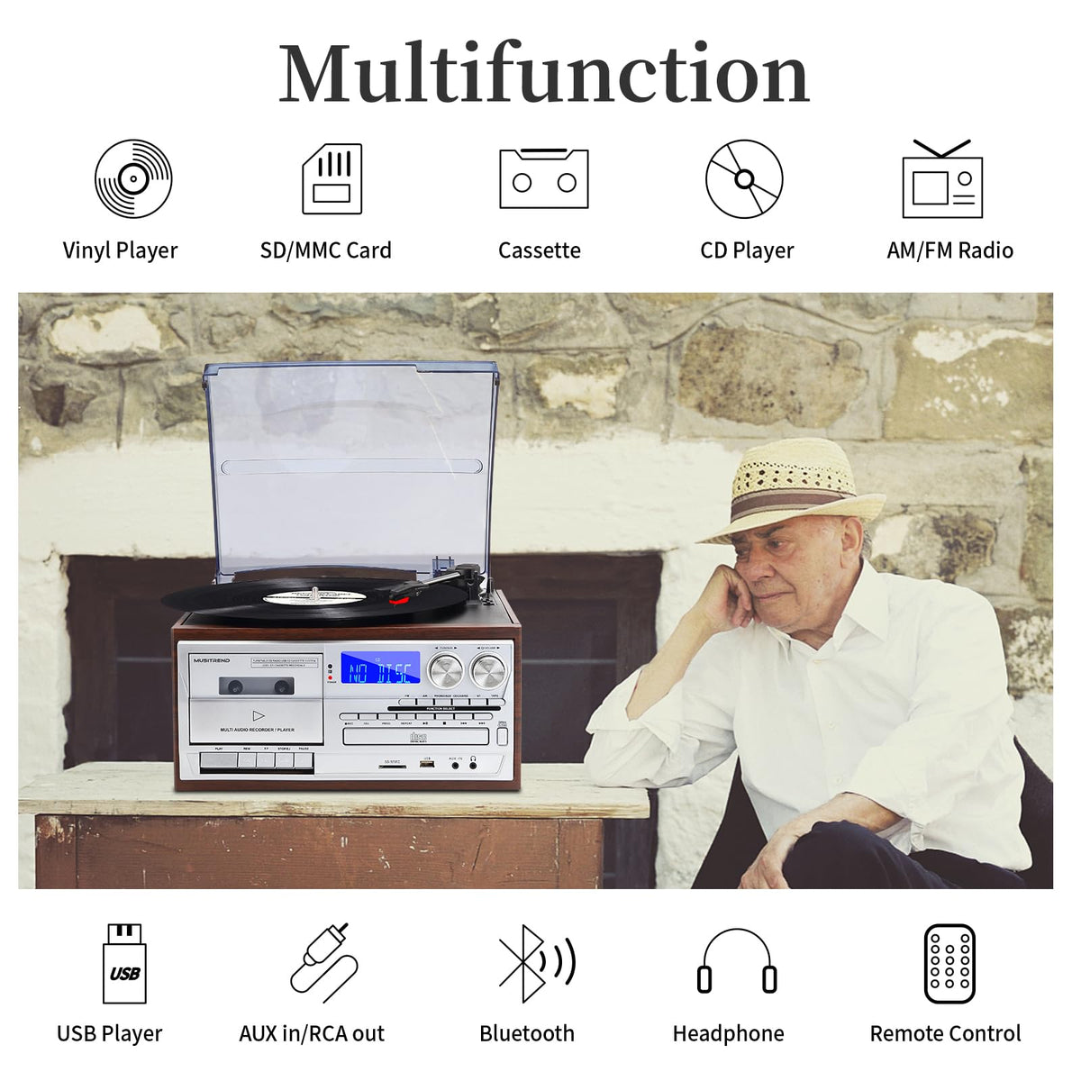 MUSITREND record player Bluetooth indicator for wireless music streaming.