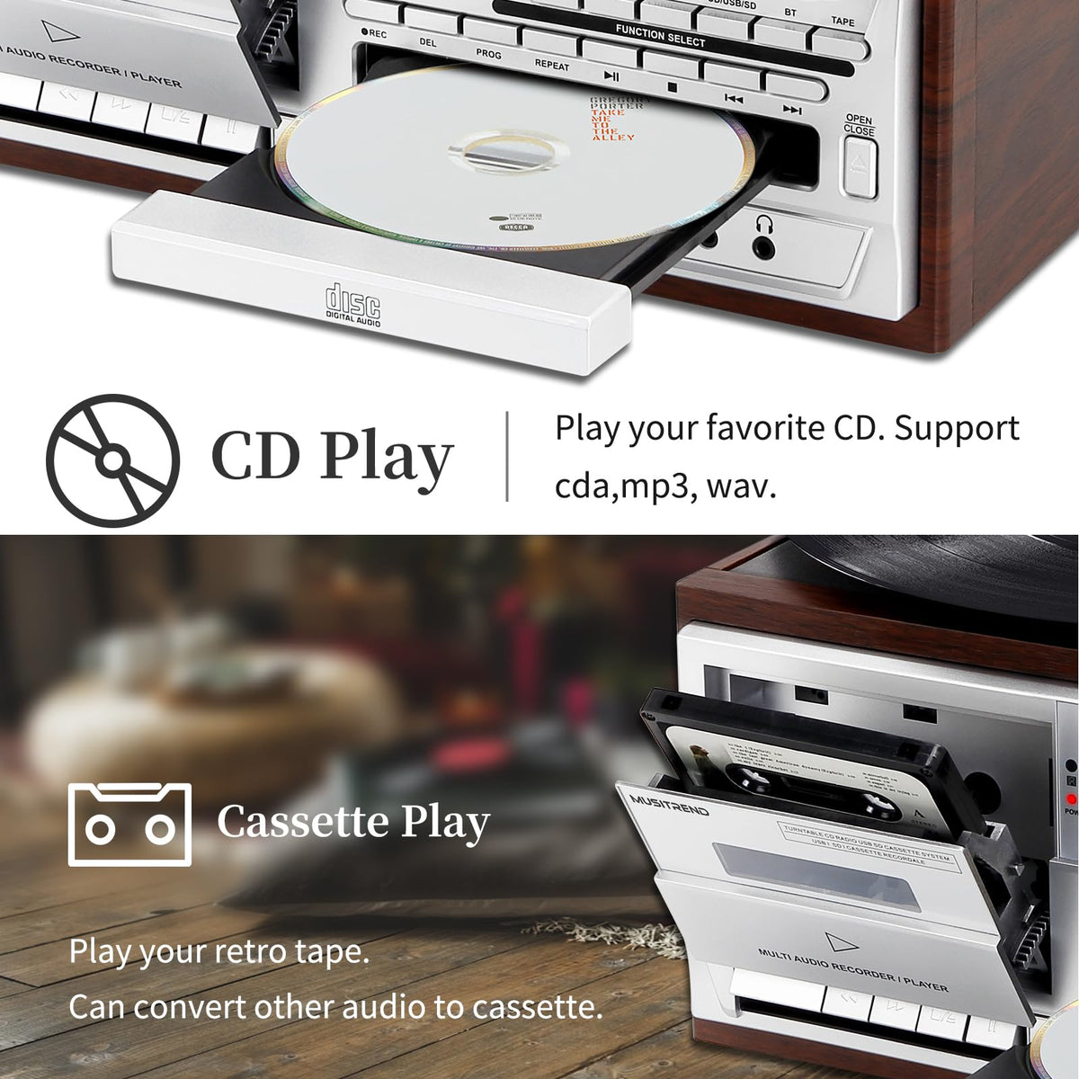 MUSITREND CD and cassette deck detail in a sleek silver cabinet.
