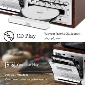 MUSITREND CD and cassette deck detail in a sleek silver cabinet.