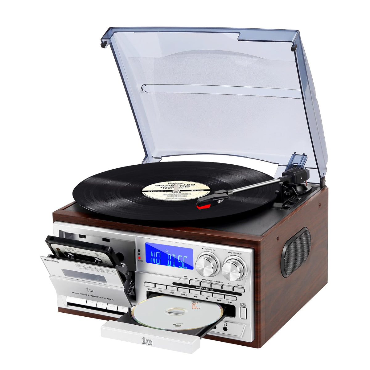 MUSITREND record player in silver front view for versatile listening.