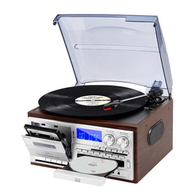 MUSITREND record player in silver front view for versatile listening.