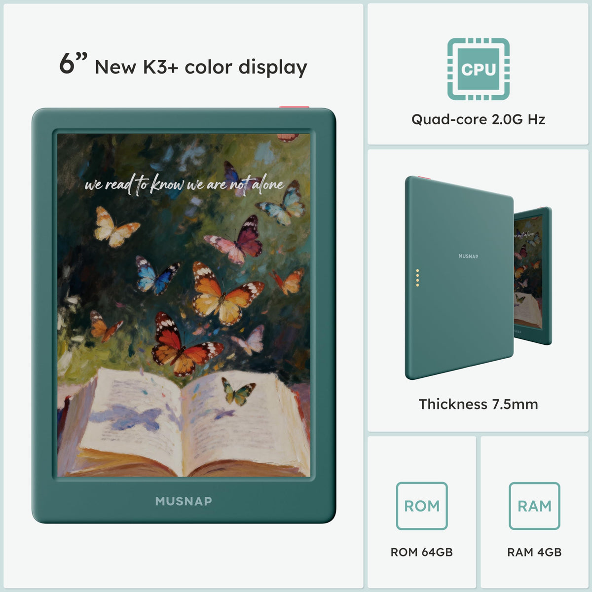 Musnap Neo C reading anywhere with color display in daylight or dark.