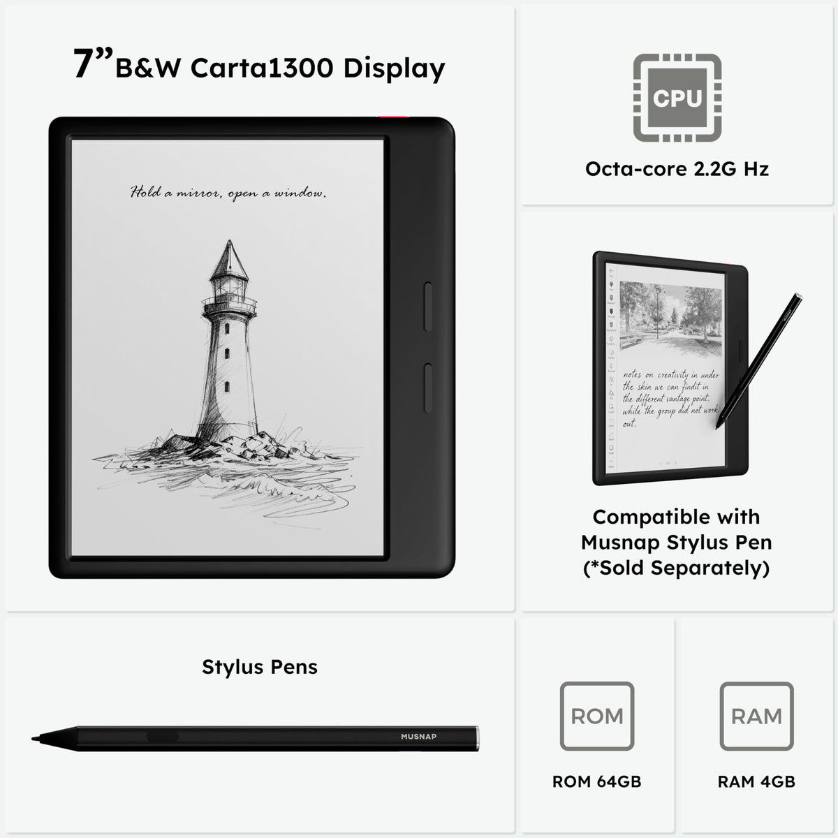 Musnap Stylus compatibility allows handwritten notes; stylus sold separately.