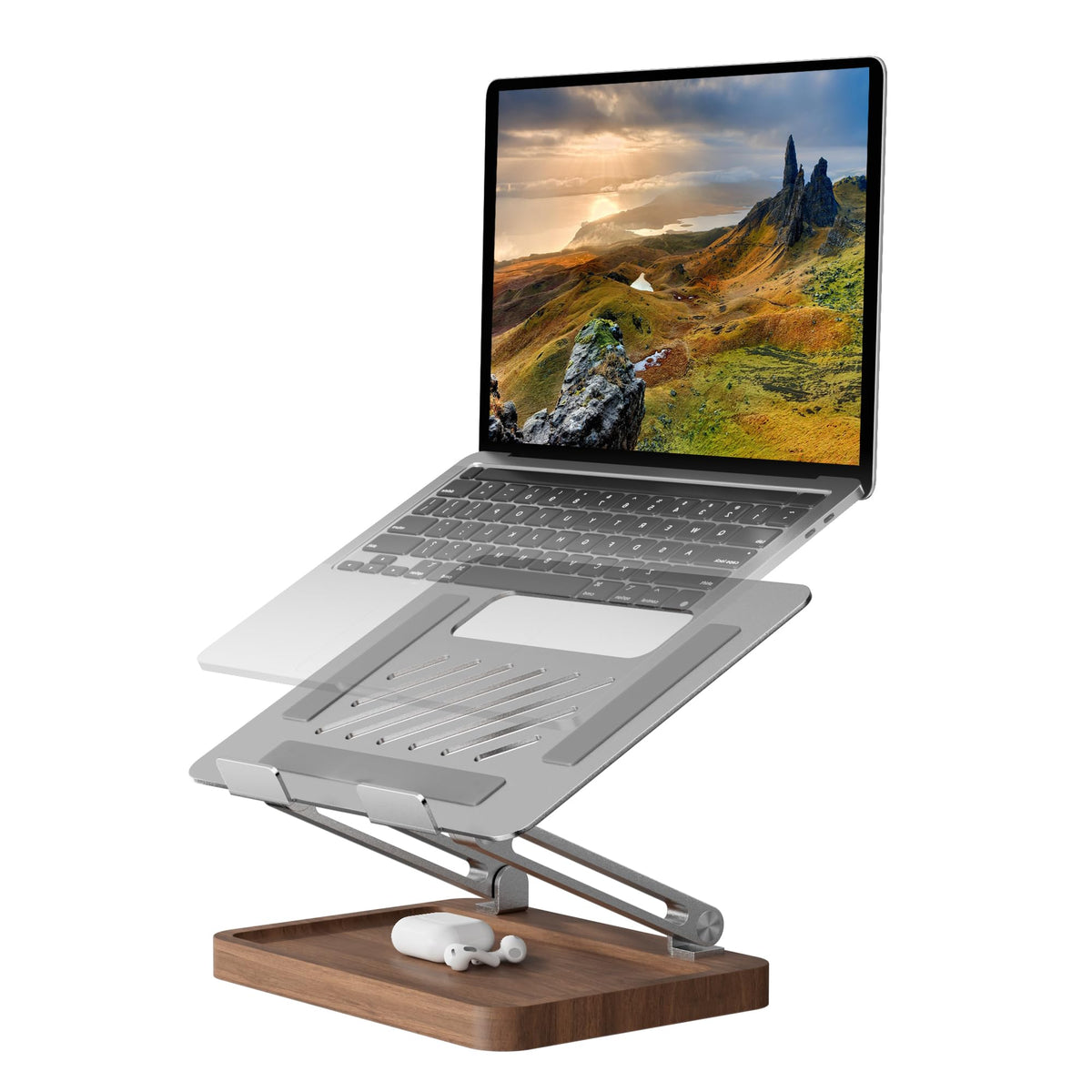 muso wood front view showing stable walnut base and elevated laptop for ergonomic benefit
