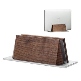 muso wood front view of walnut vertical stand showcasing elegant storage and space saving