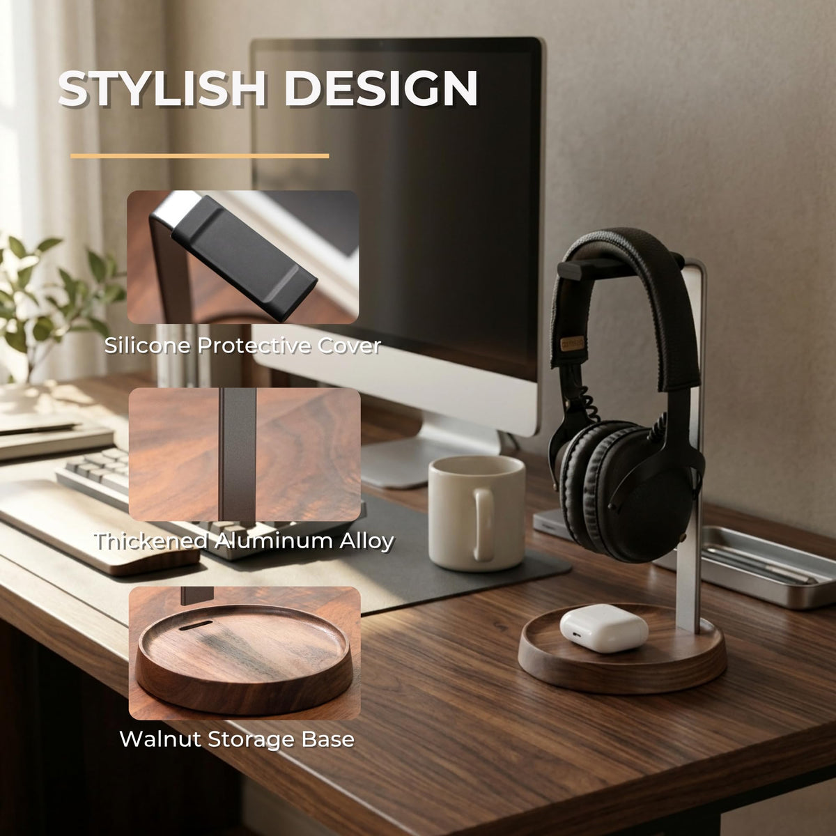 Muso Wood walnut stand with anti-slip pad for stable placement on any desk.
