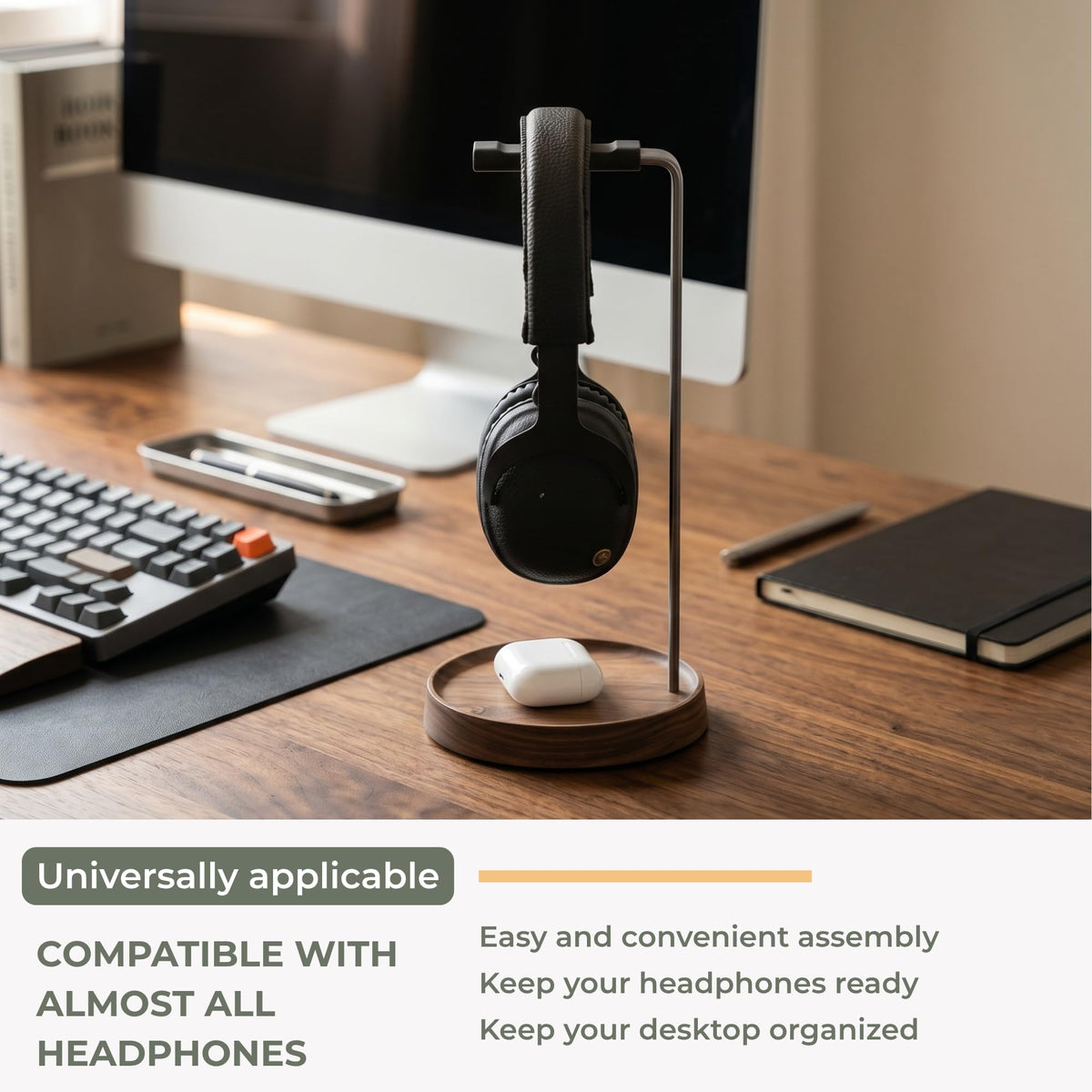 Muso Wood walnut stand helps clear desk space for a cleaner setup.