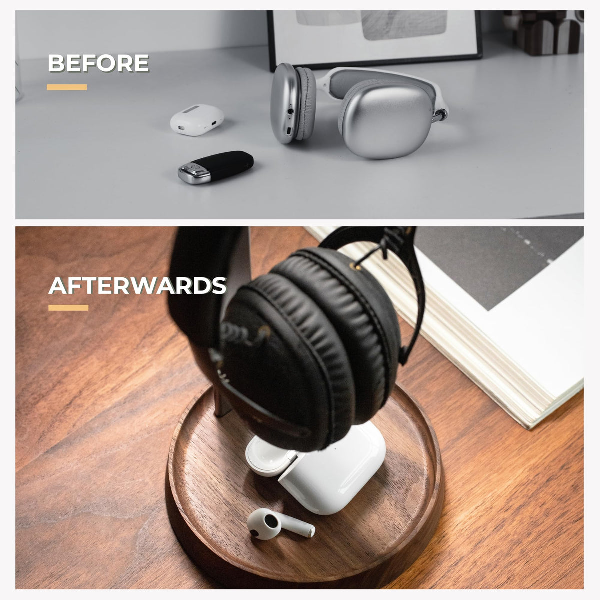 Muso Wood headphone stand keeps accessories within reach for quick access.