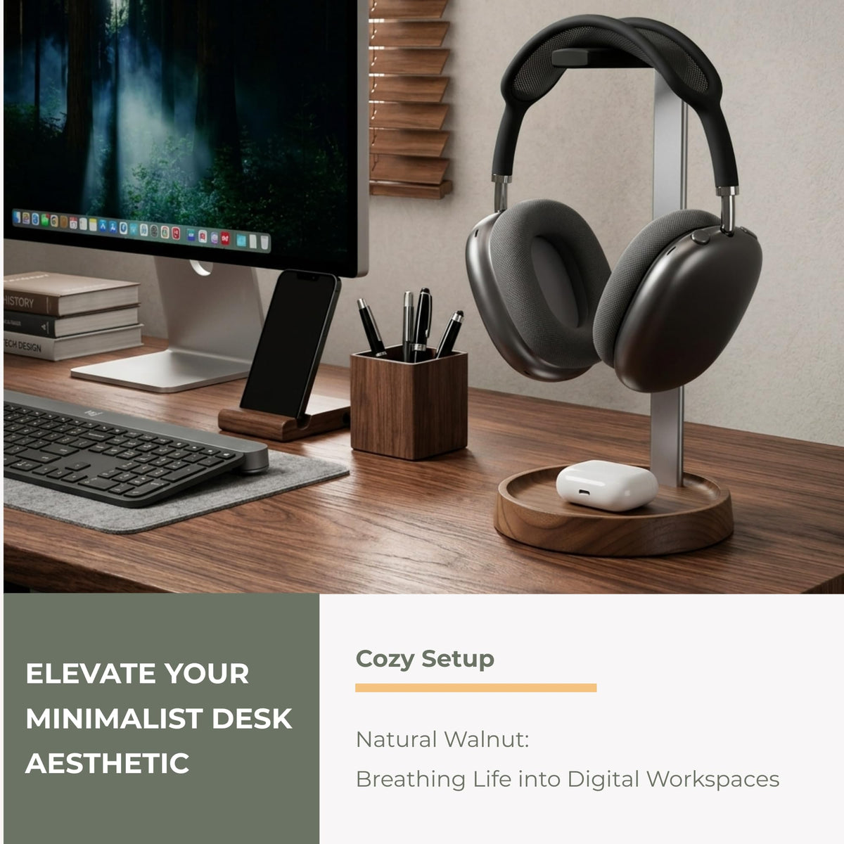 Muso Wood walnut headphone stand holster protects headphones from scratches during use.
