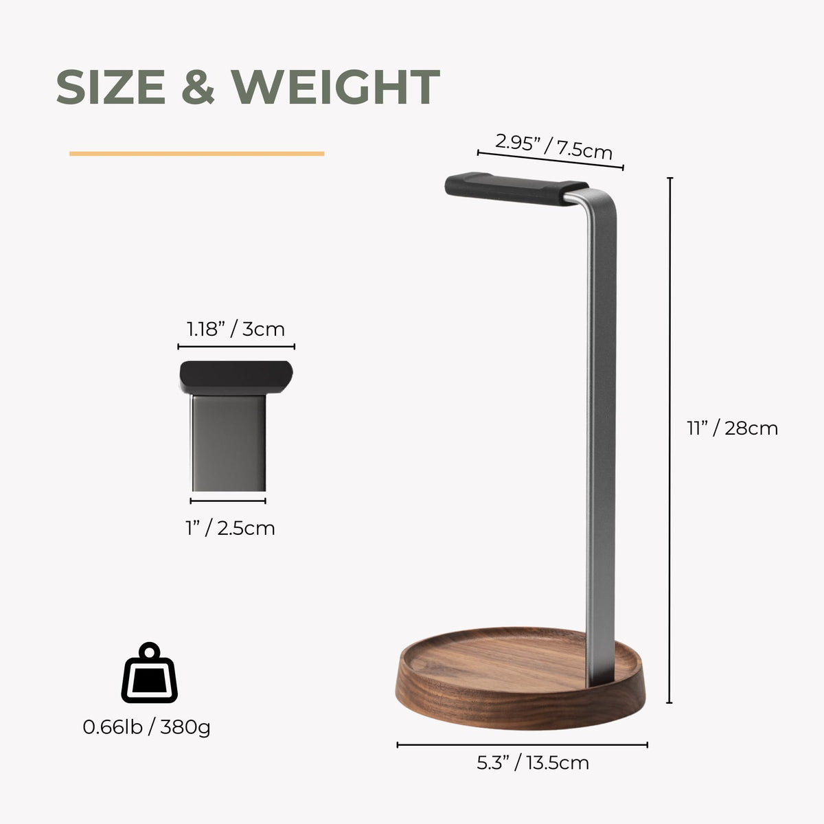 Muso Wood walnut stand featuring a thickened metal rod for sturdy headset support.
