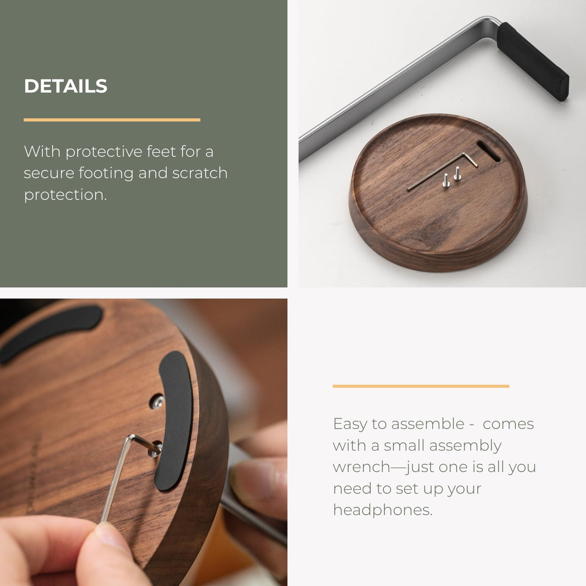 Muso Wood walnut stand fits most headsets up to 2.4 inch width.